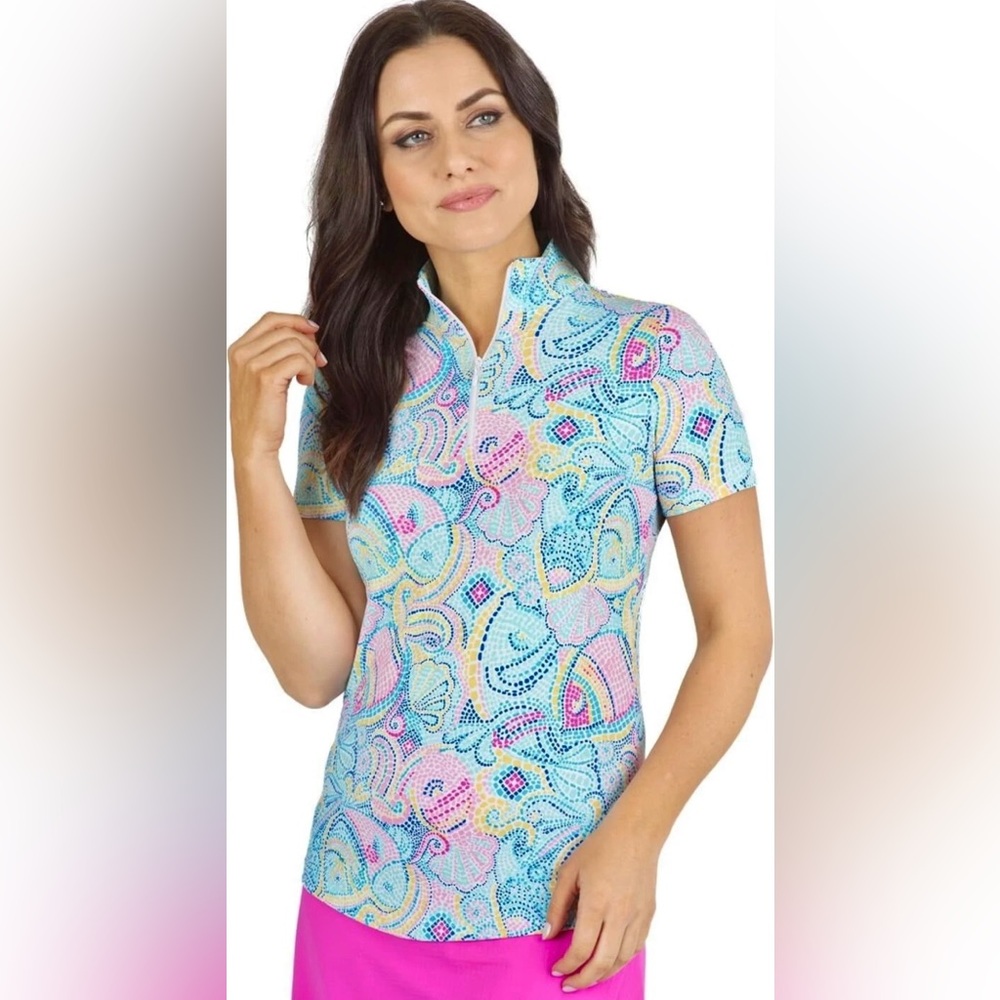 IBKUL Mariel Mock Neck Zip Top Size S M Short Sleeve Pink Sun Shirt